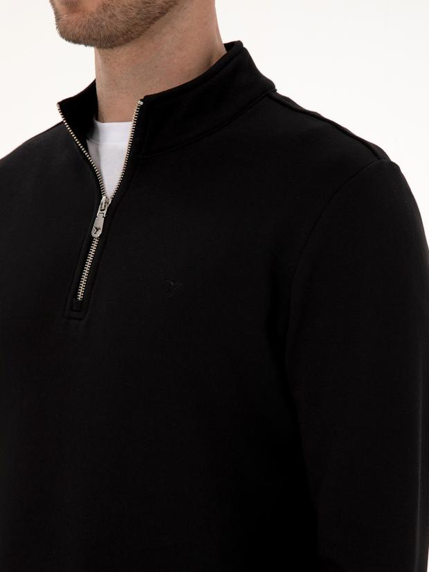 Siyah Regular Fit %100 Pamuk Yarım Fermuarlı Sweatshirt
