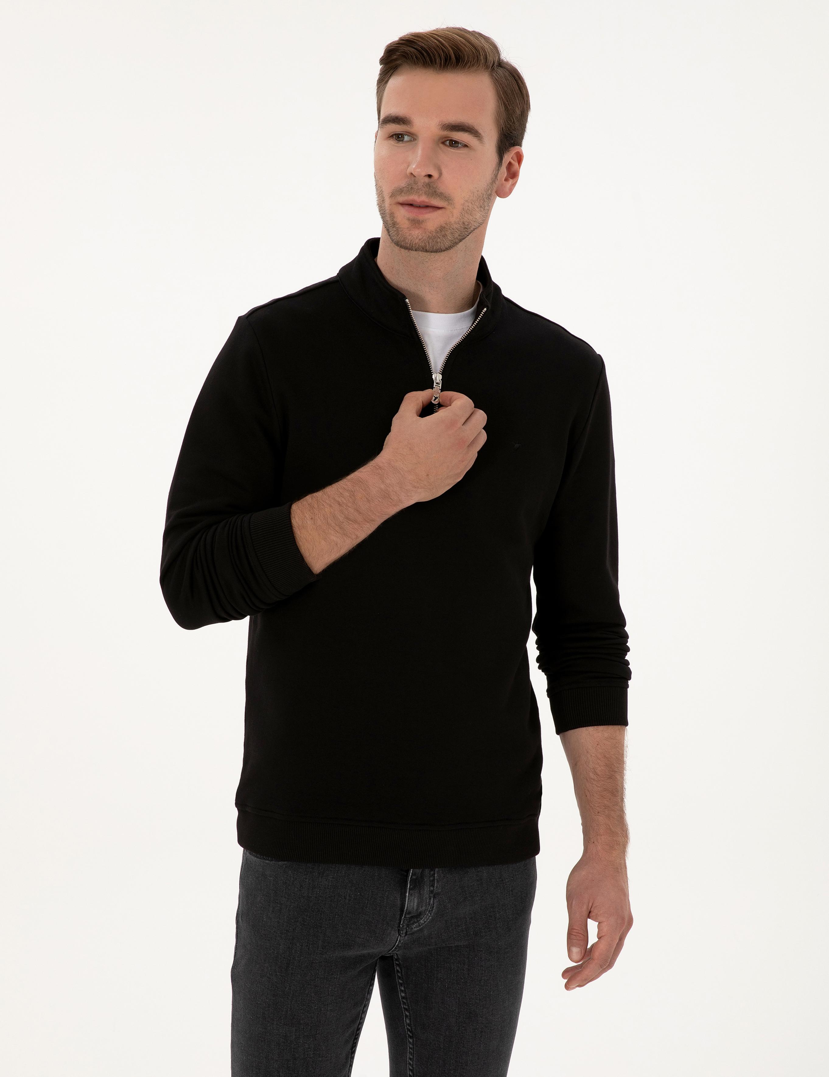 Siyah Regular Fit %100 Pamuk Yarım Fermuarlı Sweatshirt - 50318959013
