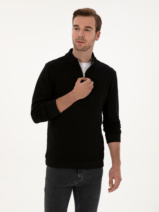 Siyah Regular Fit %100 Pamuk Yarım Fermuarlı Sweatshirt
