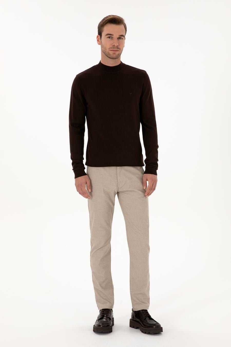 Bej Slim Fit Pamuk Karışımlı Armürlü Kanvas Pantolon - 50311720053