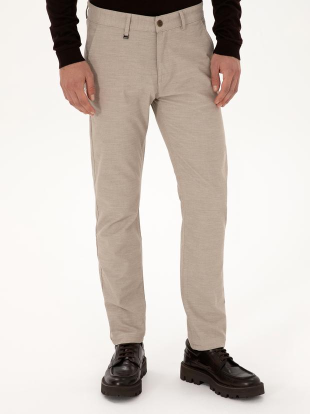 Bej Slim Fit Pamuk Karışımlı Armürlü Kanvas Pantolon