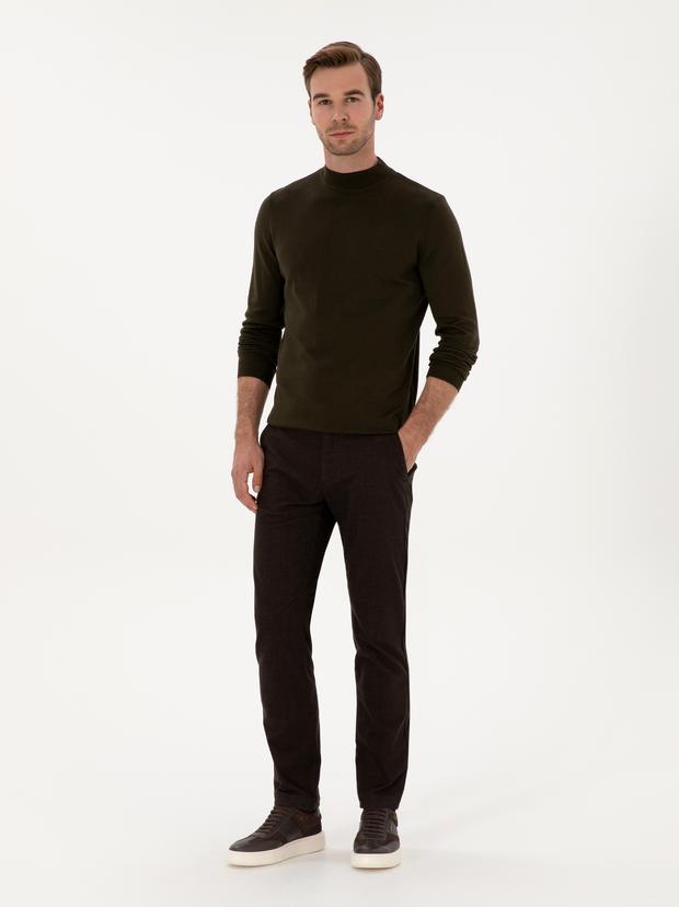 Koyu Kahverengi Slim Fit Pamuk Karışımlı Armürlü Kanvas Pantolon