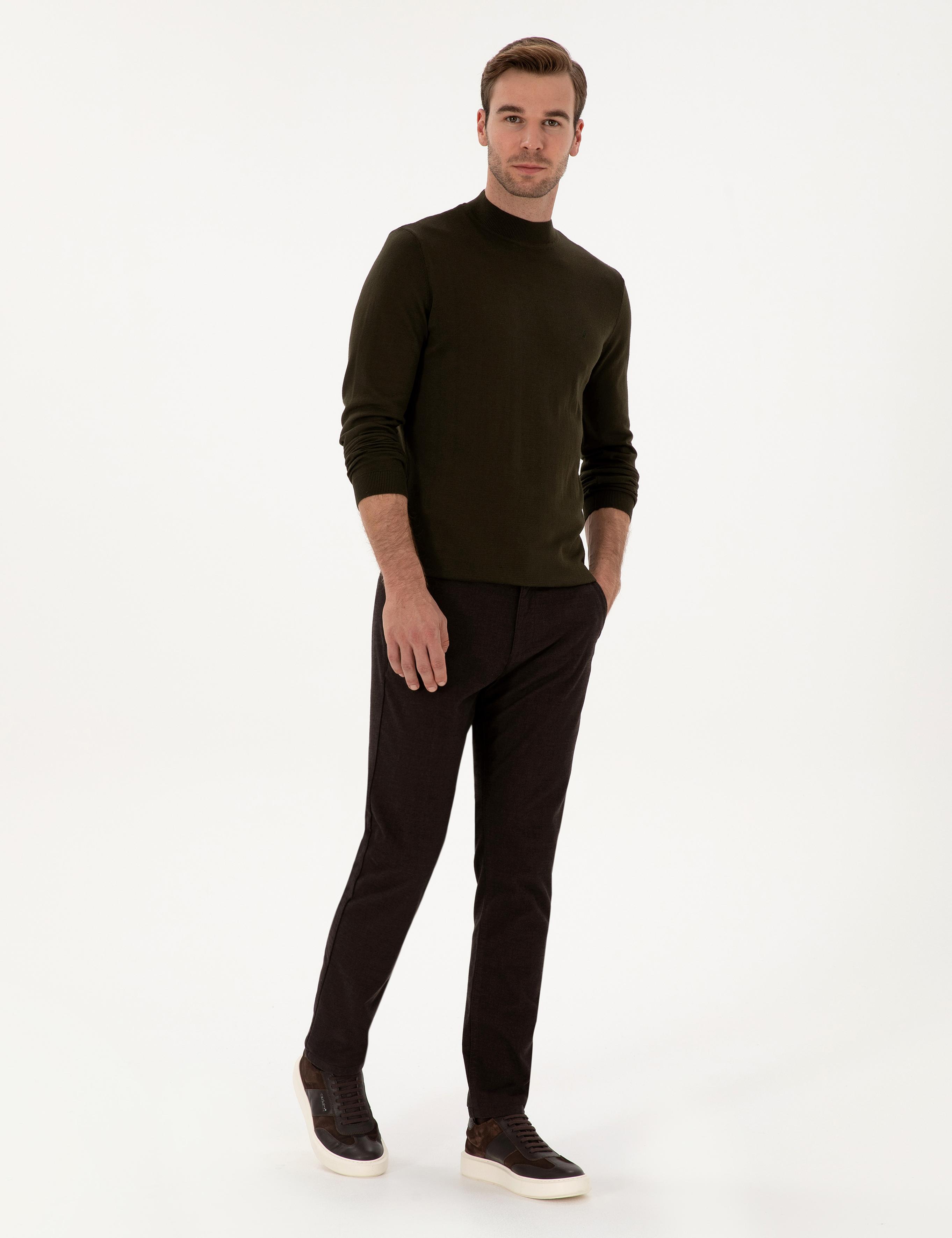 Koyu Kahverengi Slim Fit Pamuk Karışımlı Armürlü Kanvas Pantolon - 50311720278