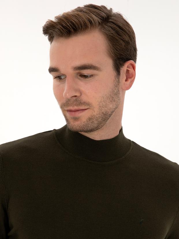 Haki Slim Fit Pamuk Karışımlı Yarım Balıkçı Yaka Triko Kazak