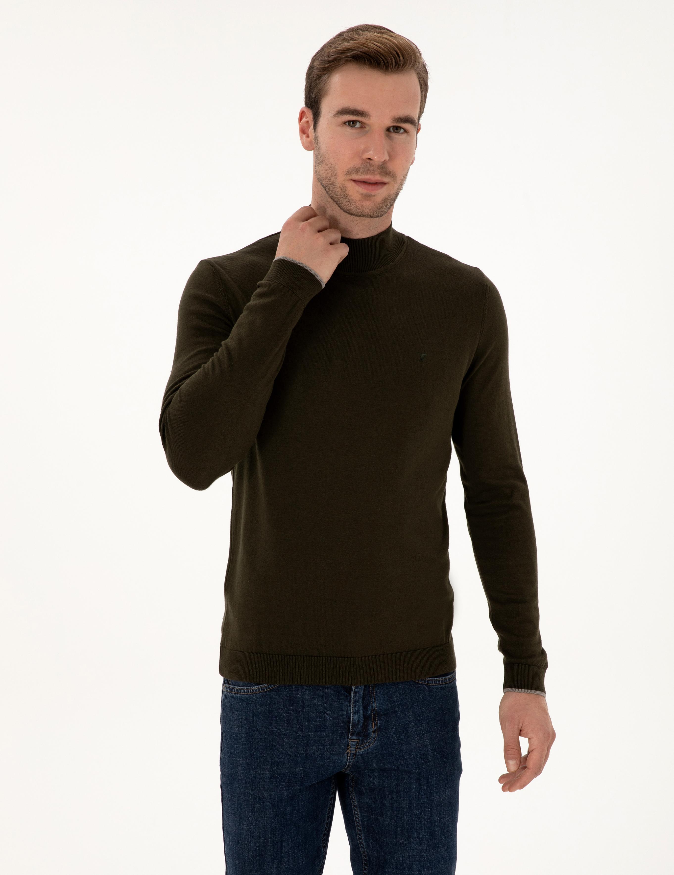 Haki Slim Fit Pamuk Karışımlı Yarım Balıkçı Yaka Triko Kazak - 50318677003