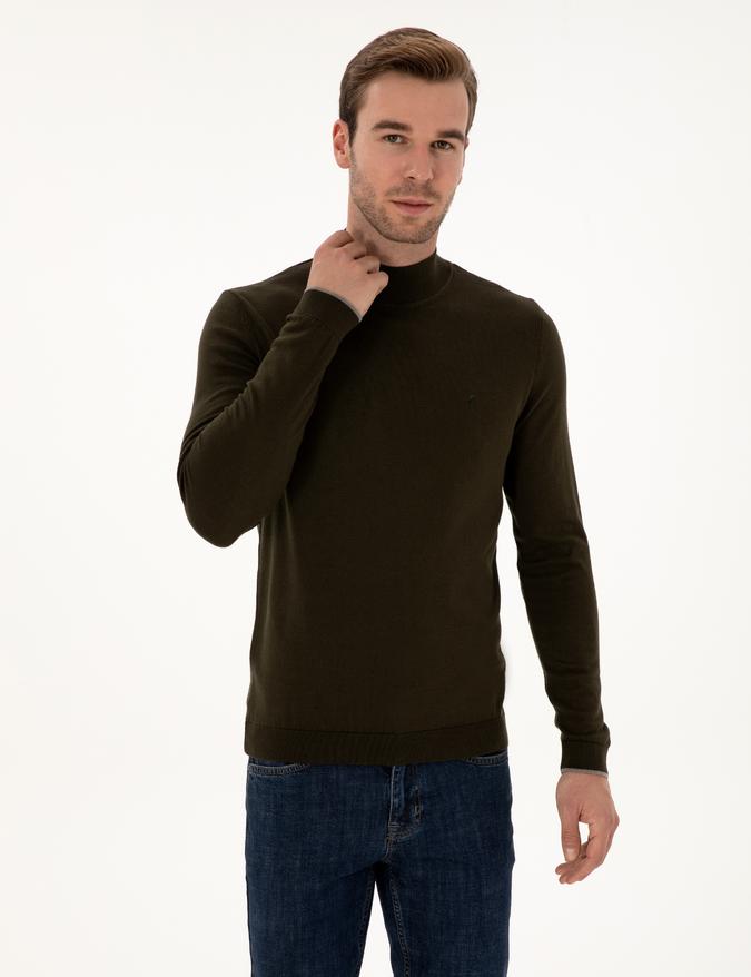 Haki Slim Fit Pamuk Karışımlı Yarım Balıkçı Yaka Triko Kazak