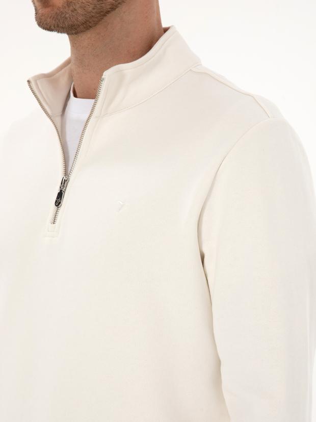Ekru Regular Fit %100 Pamuk Yarım Fermuarlı Sweatshirt
