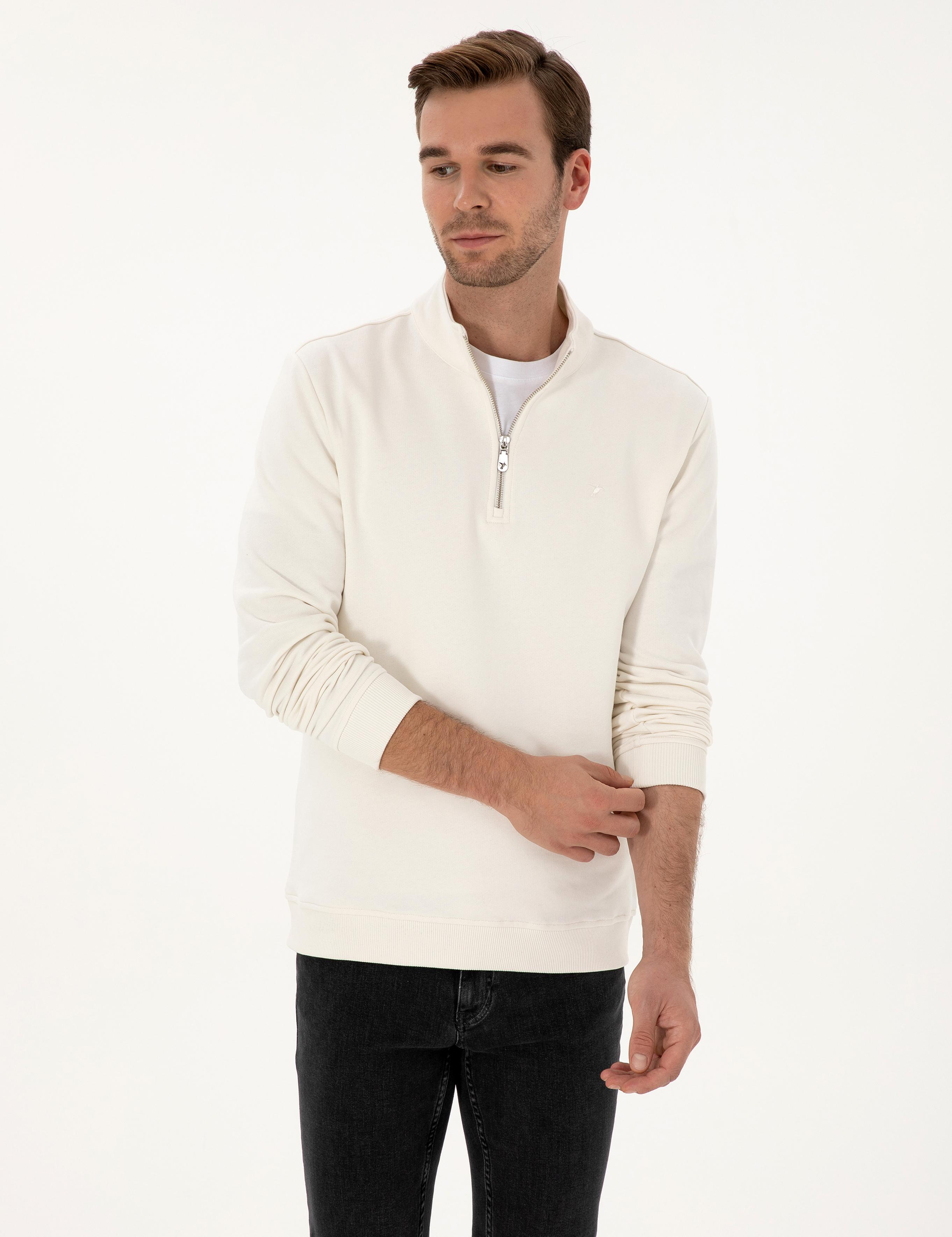 Ekru Regular Fit %100 Pamuk Yarım Fermuarlı Sweatshirt - 50318959004