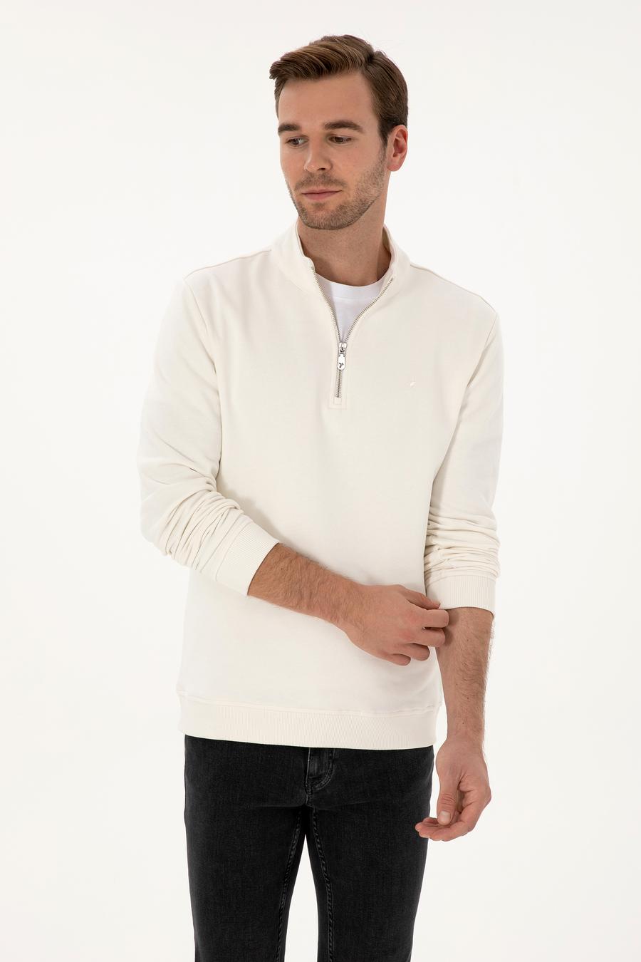 Ekru Regular Fit %100 Pamuk Yarım Fermuarlı Sweatshirt - 50318959004