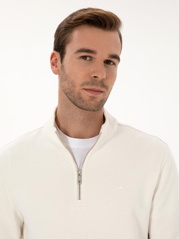 Ekru Regular Fit %100 Pamuk Yarım Fermuarlı Sweatshirt