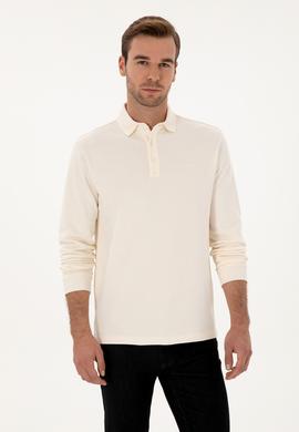 Ekru Regular Fit %100 Pamuk 3 İplik Polo Yaka Sweatshirt