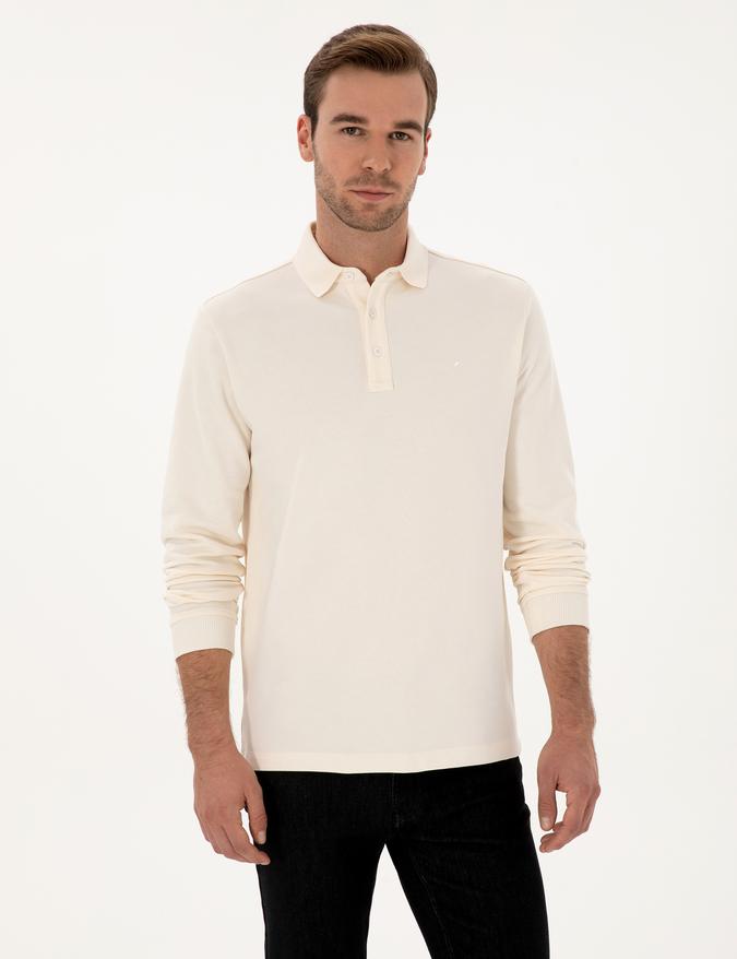 Ekru Regular Fit %100 Pamuk 3 İplik Polo Yaka Sweatshirt