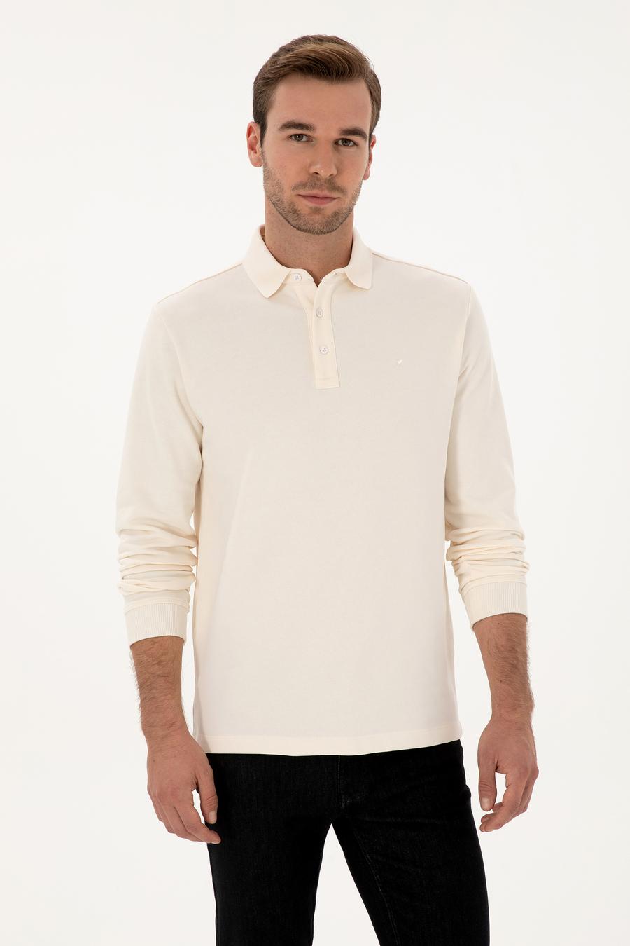 Ekru Regular Fit %100 Pamuk 3 İplik Polo Yaka Sweatshirt - 50318960034