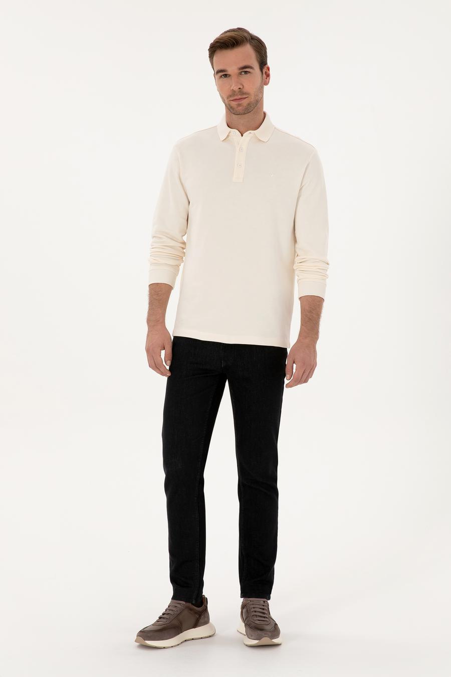 Ekru Regular Fit %100 Pamuk 3 İplik Polo Yaka Sweatshirt - 50318960034