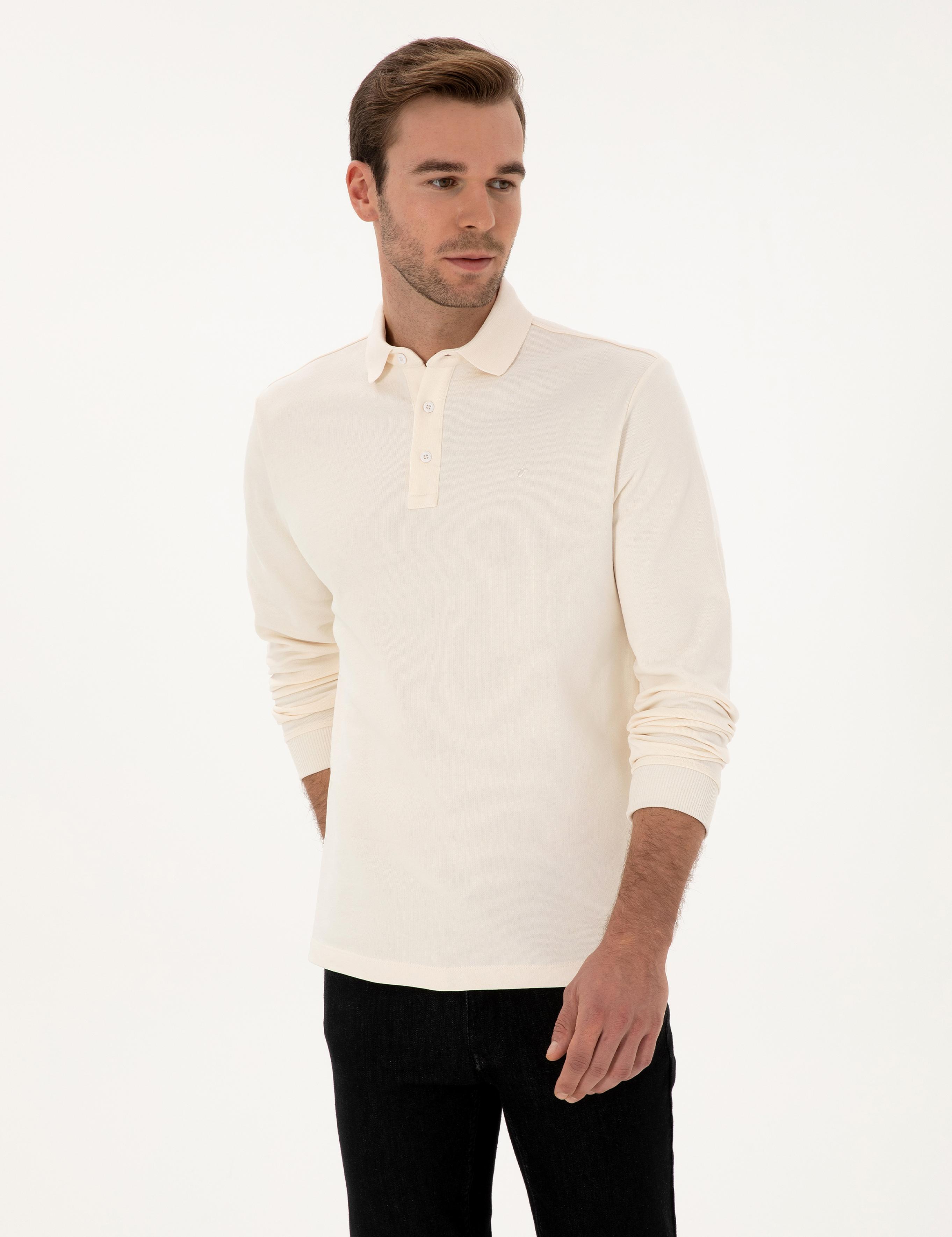 Ekru Regular Fit %100 Pamuk 3 İplik Polo Yaka Sweatshirt - 50318960034