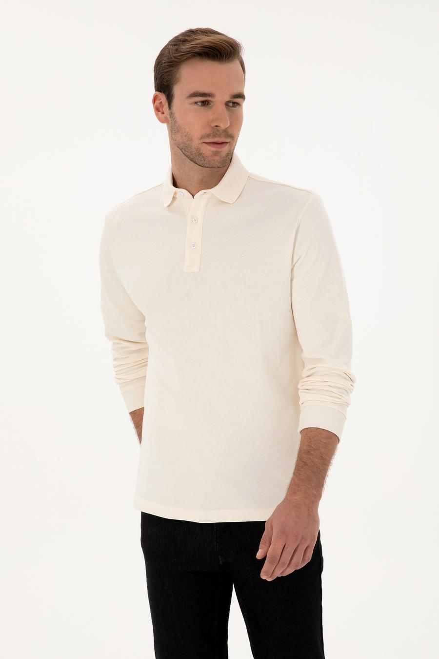 Ekru Regular Fit %100 Pamuk 3 İplik Polo Yaka Sweatshirt - 50318960034