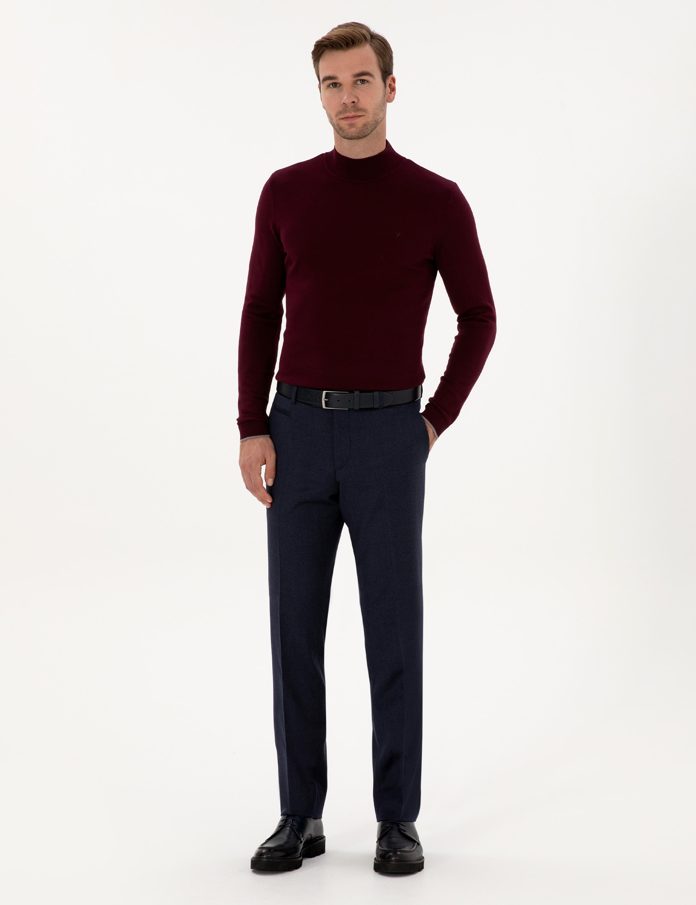 Bordo Slim Fit Pamuk Karışımlı Yarım Balıkçı Yaka Triko Kazak - 50318677009