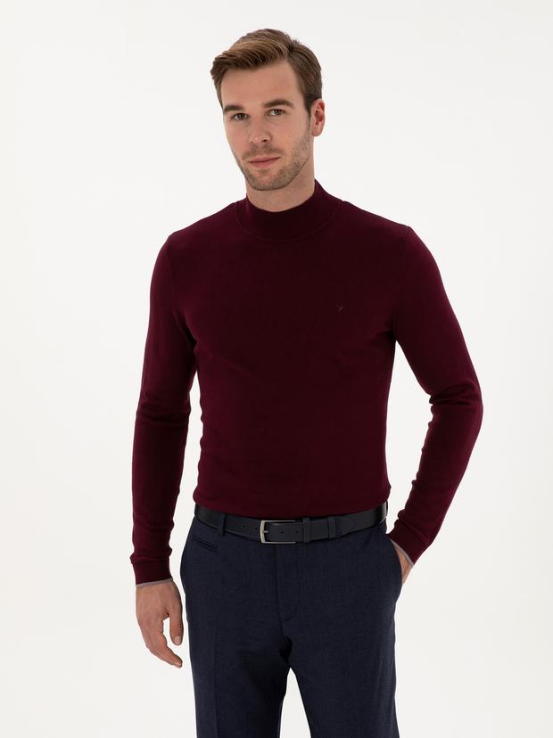 Bordo Slim Fit Pamuk Karışımlı Yarım Balıkçı Yaka Triko Kazak
