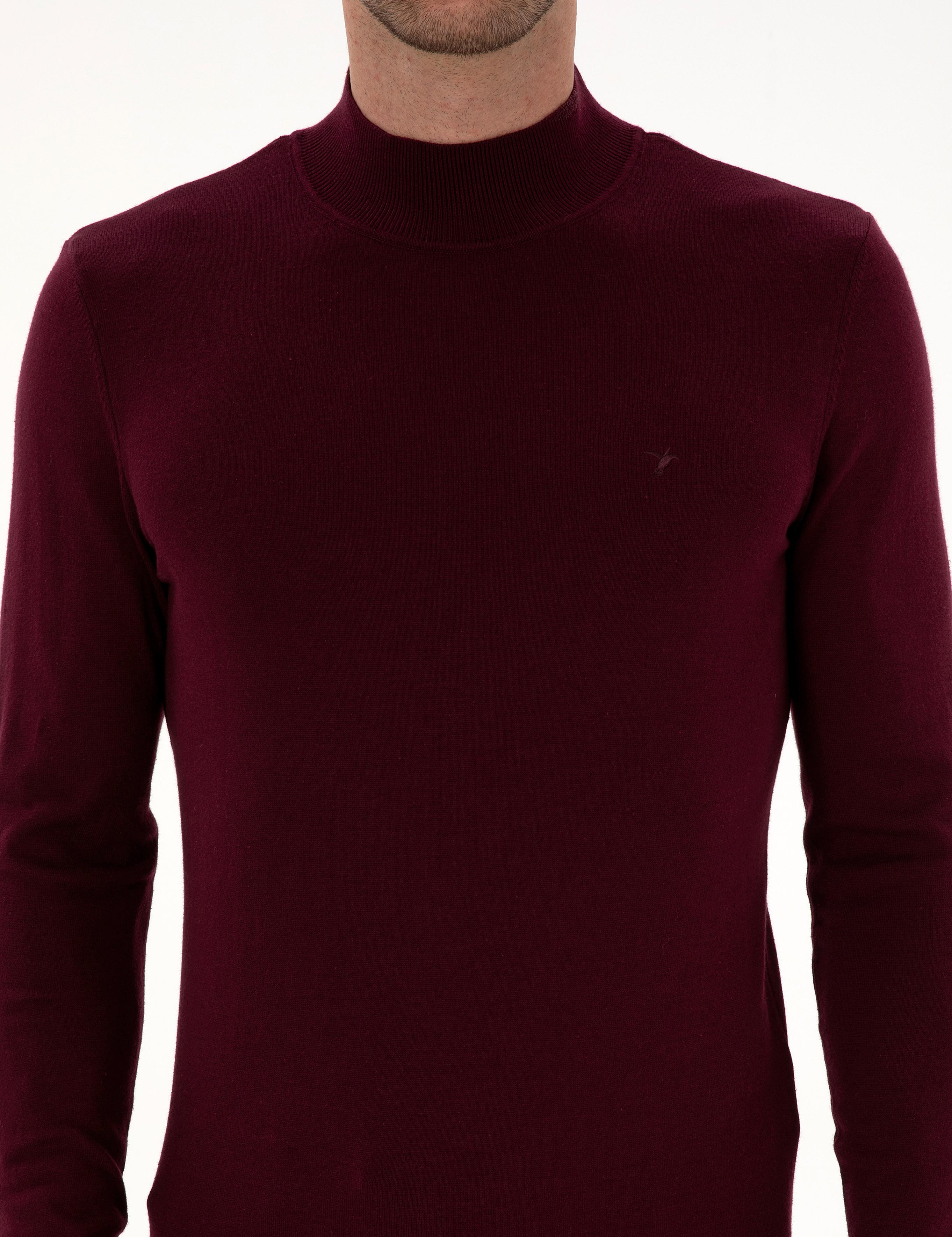 Bordo Slim Fit Pamuk Karışımlı Yarım Balıkçı Yaka Triko Kazak - 50318677009