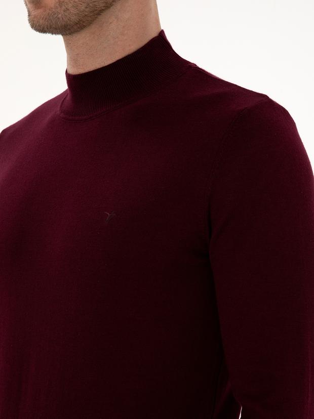 Bordo Slim Fit Pamuk Karışımlı Yarım Balıkçı Yaka Triko Kazak