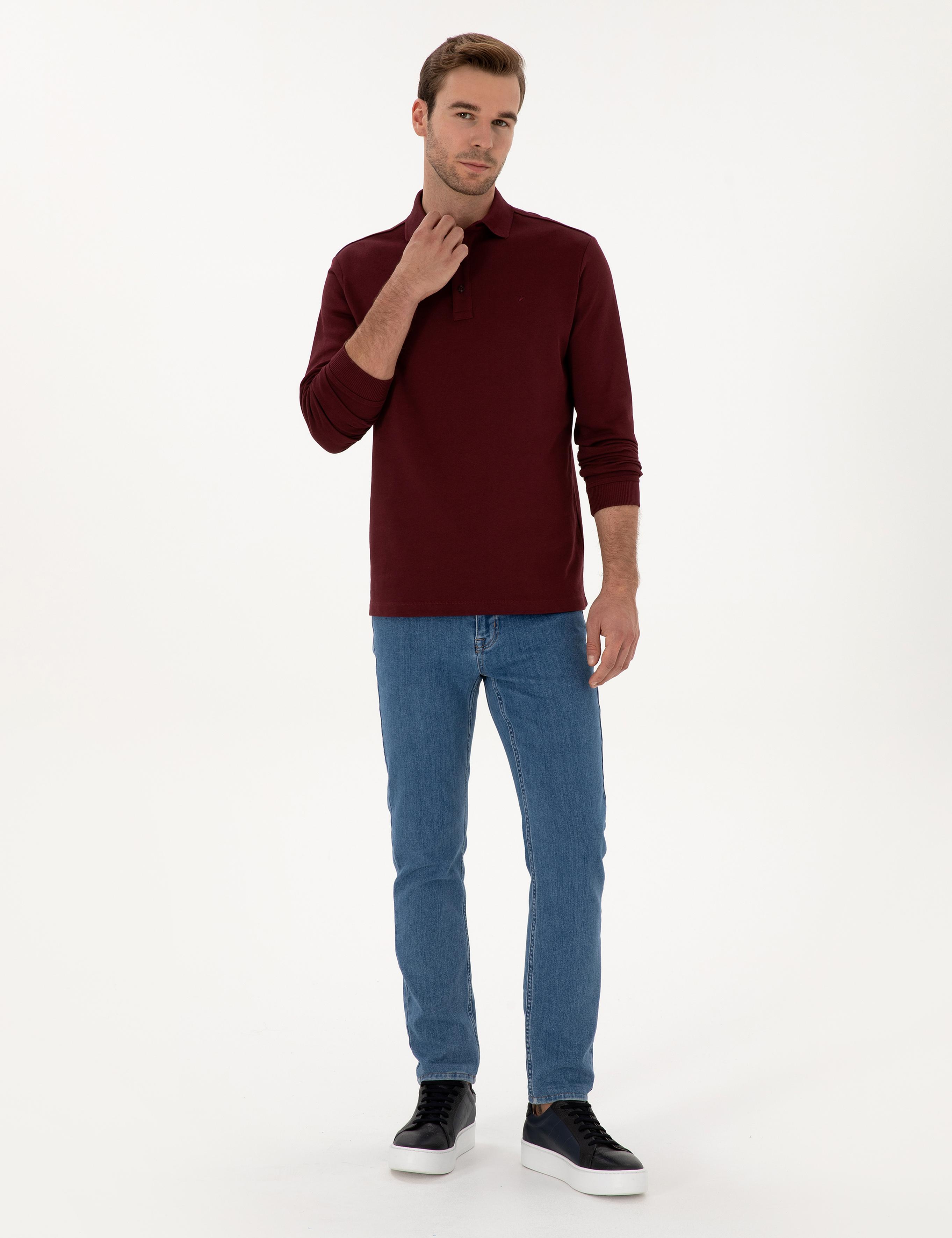 Bordo Regular Fit %100 Pamuk 3 İplik Polo Yaka Sweatshirt - 50318960018