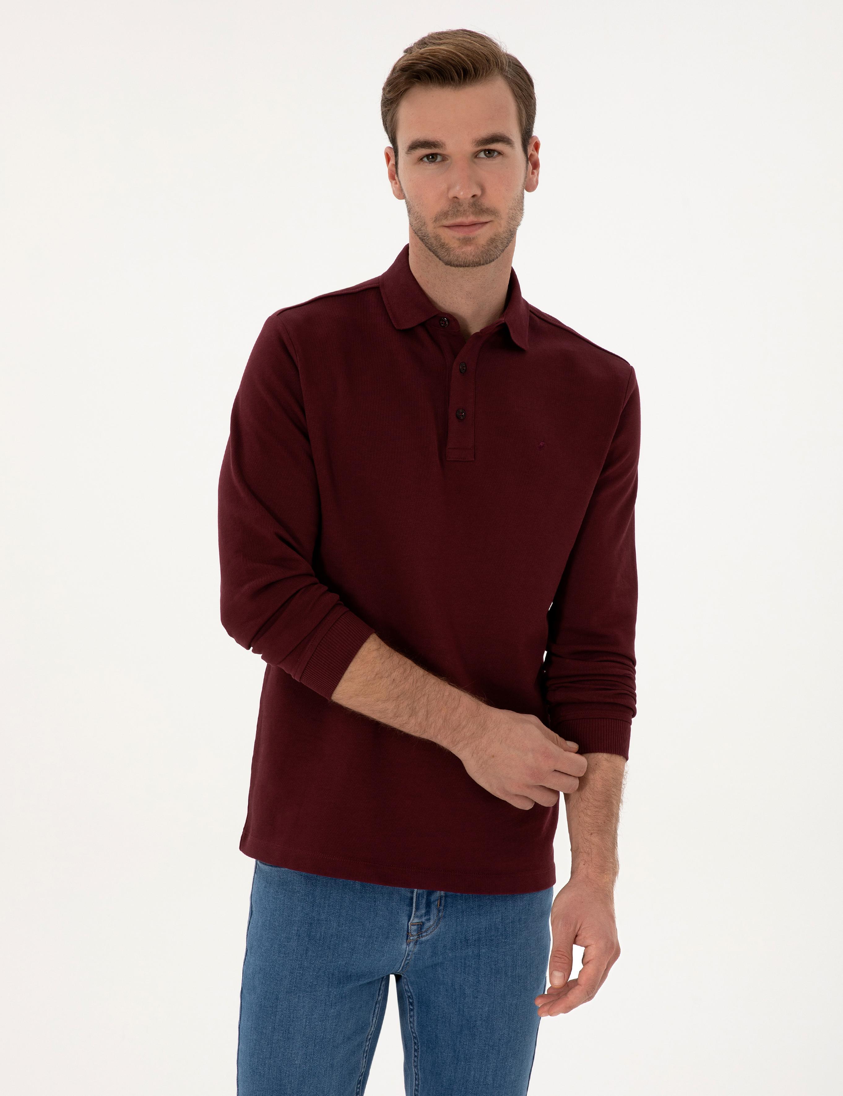 Bordo Regular Fit %100 Pamuk 3 İplik Polo Yaka Sweatshirt - 50318960018