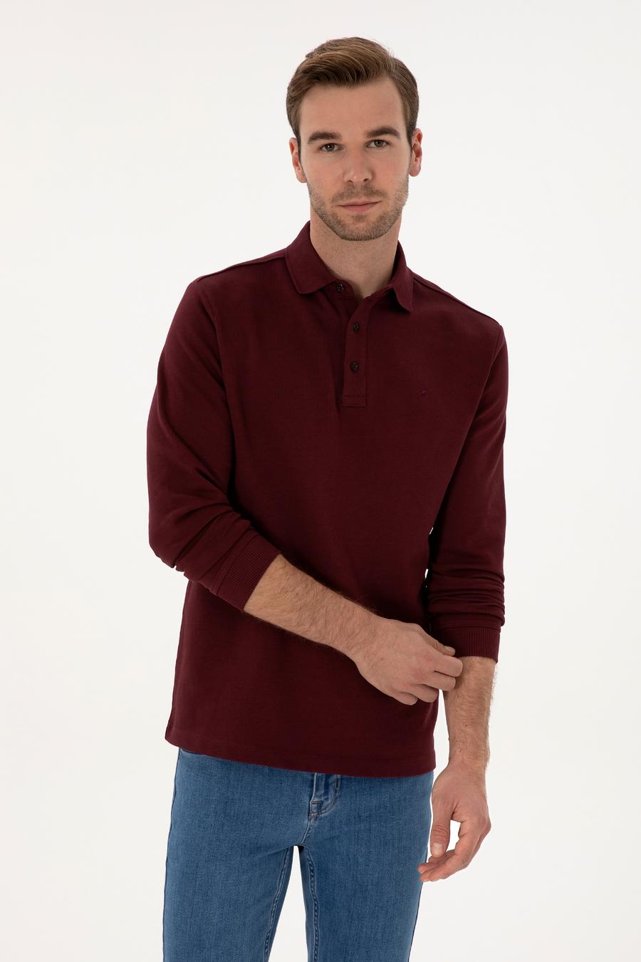 Bordo Regular Fit %100 Pamuk 3 İplik Polo Yaka Sweatshirt - 50318960018