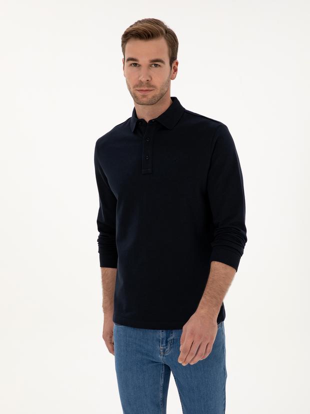 Lacivert Regular Fit %100 Pamuk 3 İplik Polo Yaka Sweatshirt