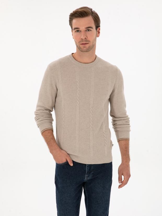 Bej Slim Fit Yün Karışımlı Bisiklet Yaka Triko Kazak