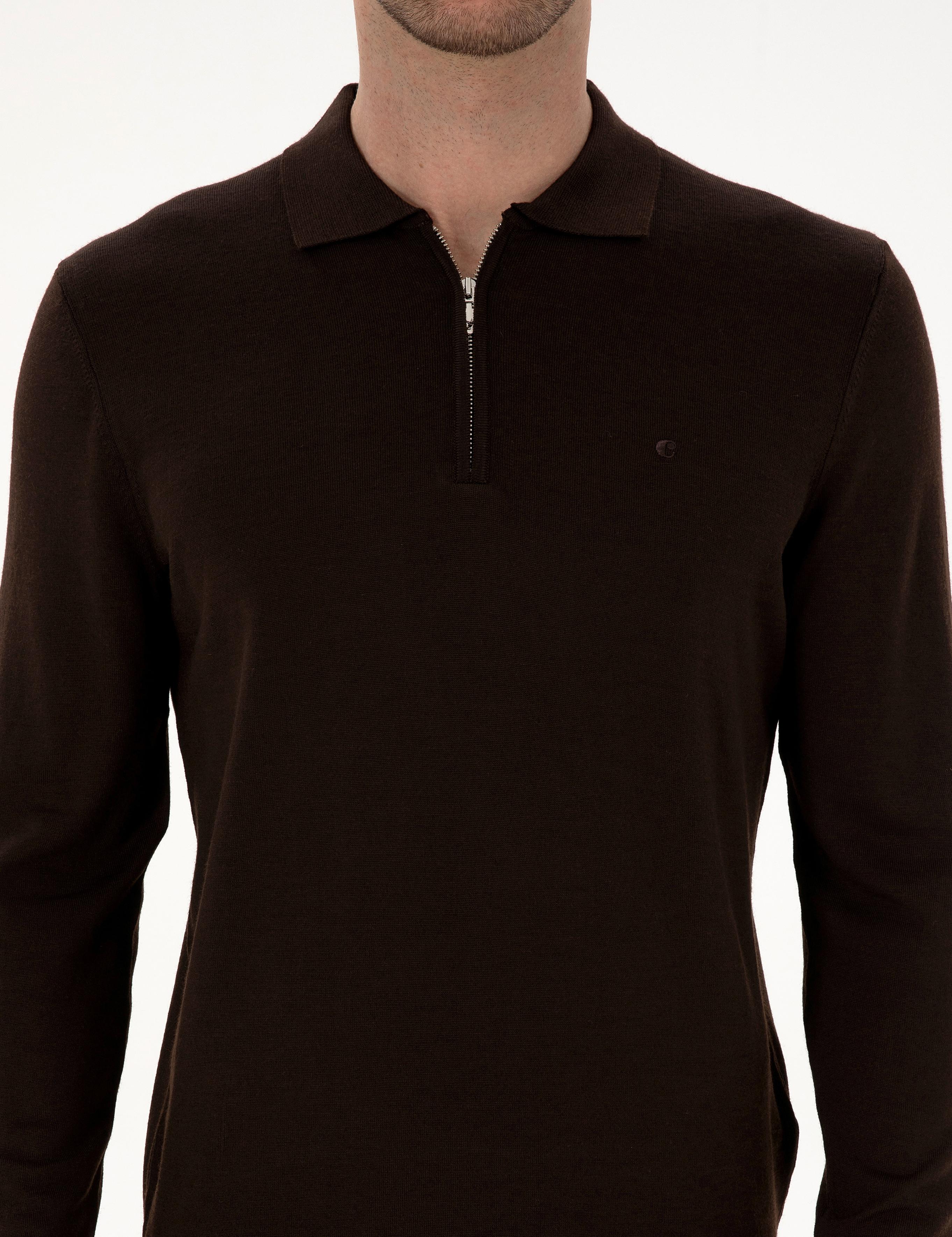 Kahverengi Regular Fit Yün Karışımlı Fermuarlı Polo Yaka Basic Triko Kazak - 50315297034