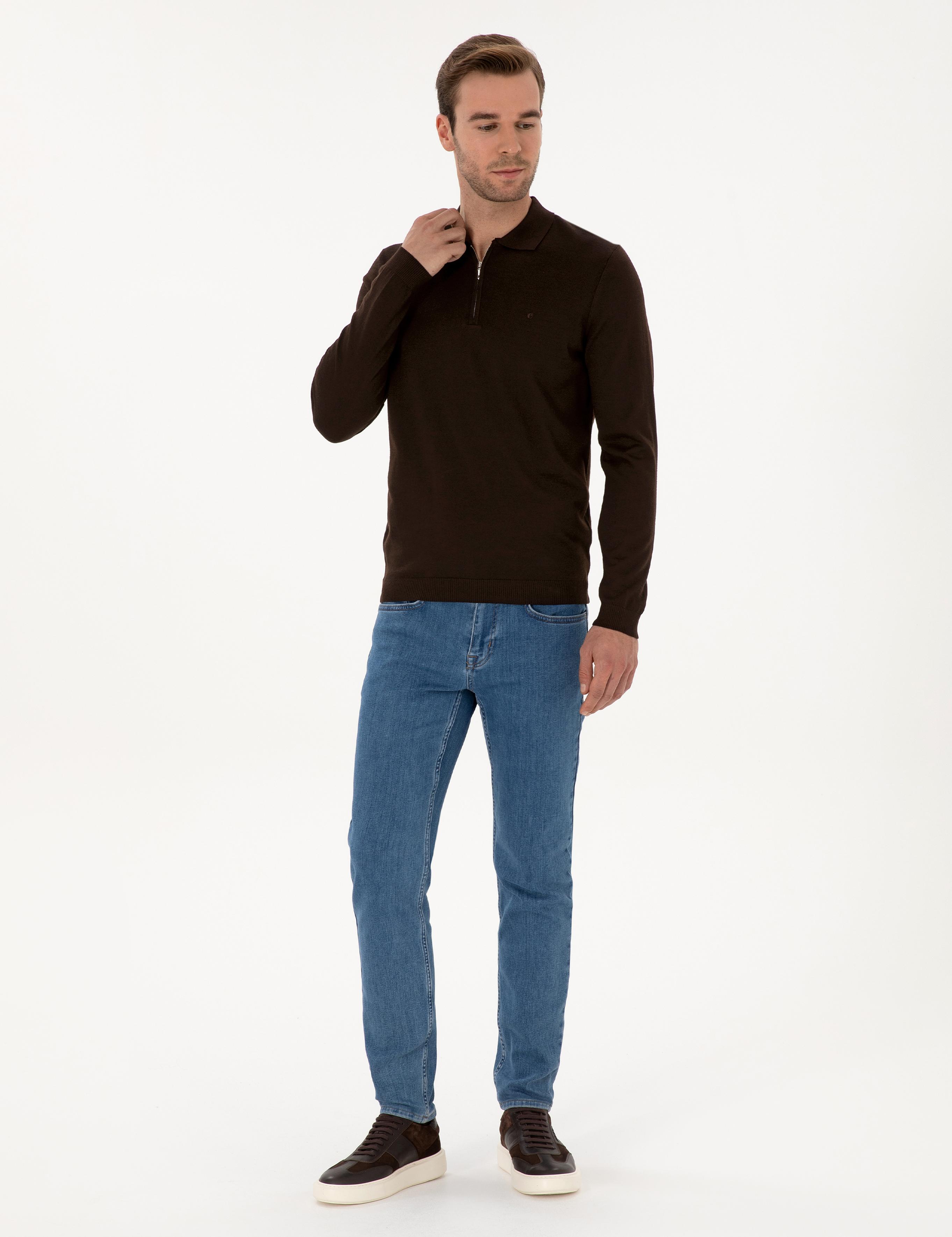 Kahverengi Regular Fit Yün Karışımlı Fermuarlı Polo Yaka Basic Triko Kazak - 50315297034
