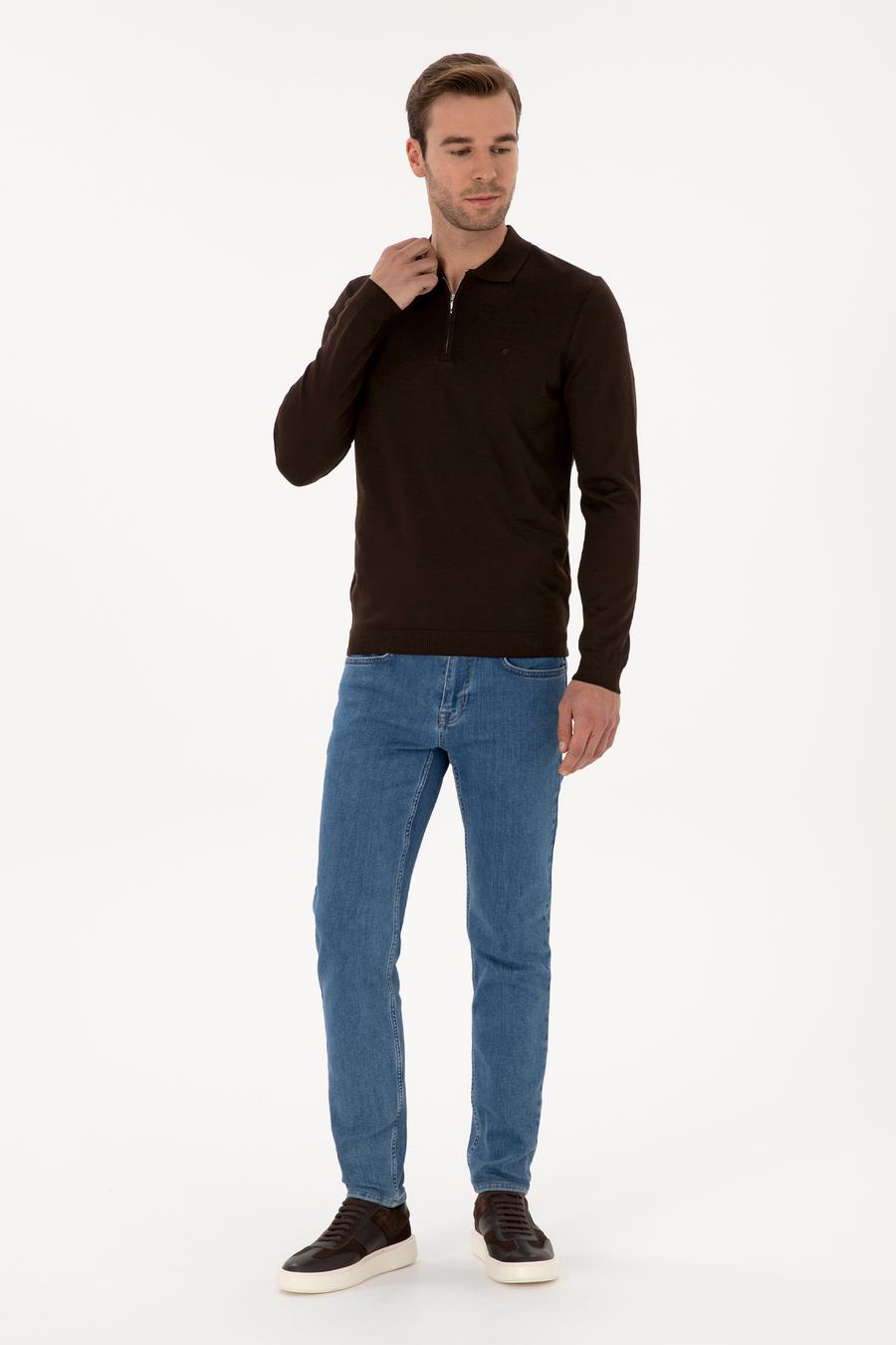 Kahverengi Regular Fit Yün Karışımlı Fermuarlı Polo Yaka Basic Triko Kazak - 50315297034