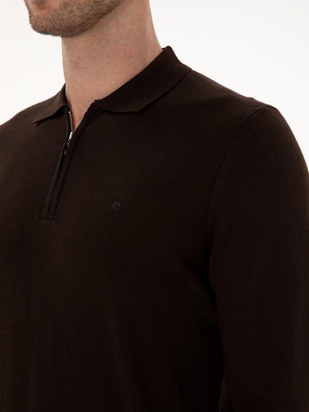 Kahverengi Regular Fit Yün Karışımlı Fermuarlı Polo Yaka Basic Triko Kazak