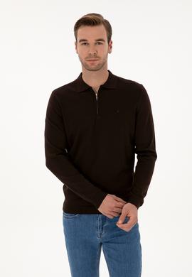 Kahverengi Regular Fit Yün Karışımlı Fermuarlı Polo Yaka Basic Triko Kazak