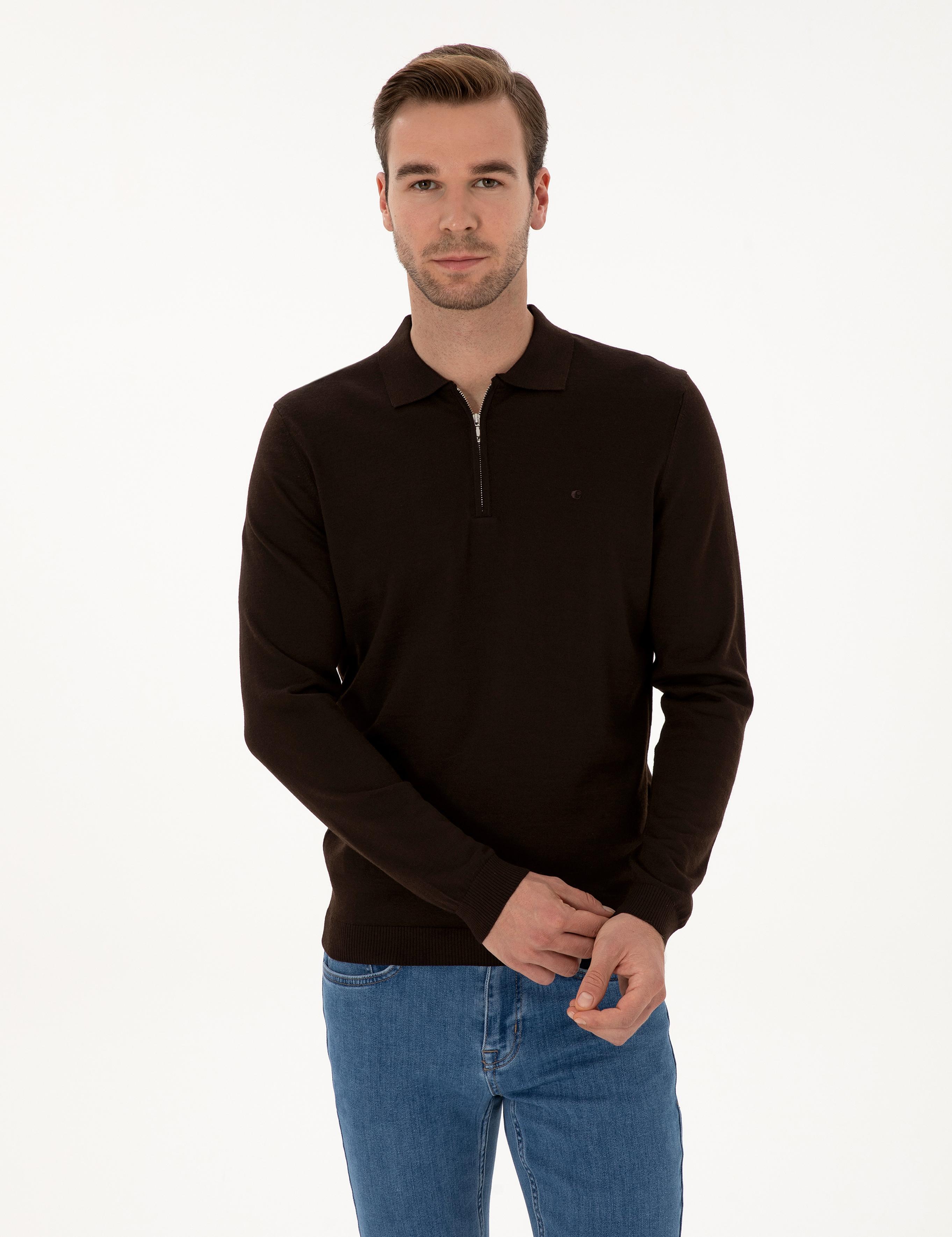 Kahverengi Regular Fit Yün Karışımlı Fermuarlı Polo Yaka Basic Triko Kazak - 50315297034