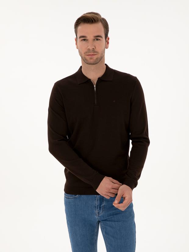 Kahverengi Regular Fit Yün Karışımlı Fermuarlı Polo Yaka Basic Triko Kazak