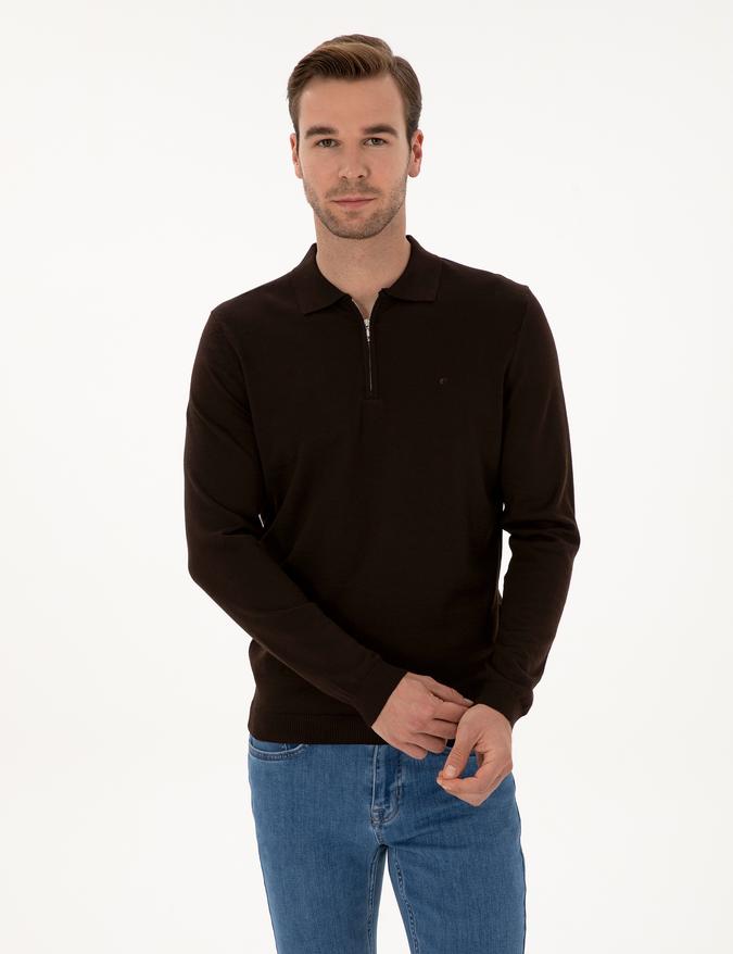 Kahverengi Regular Fit Yün Karışımlı Fermuarlı Polo Yaka Basic Triko Kazak