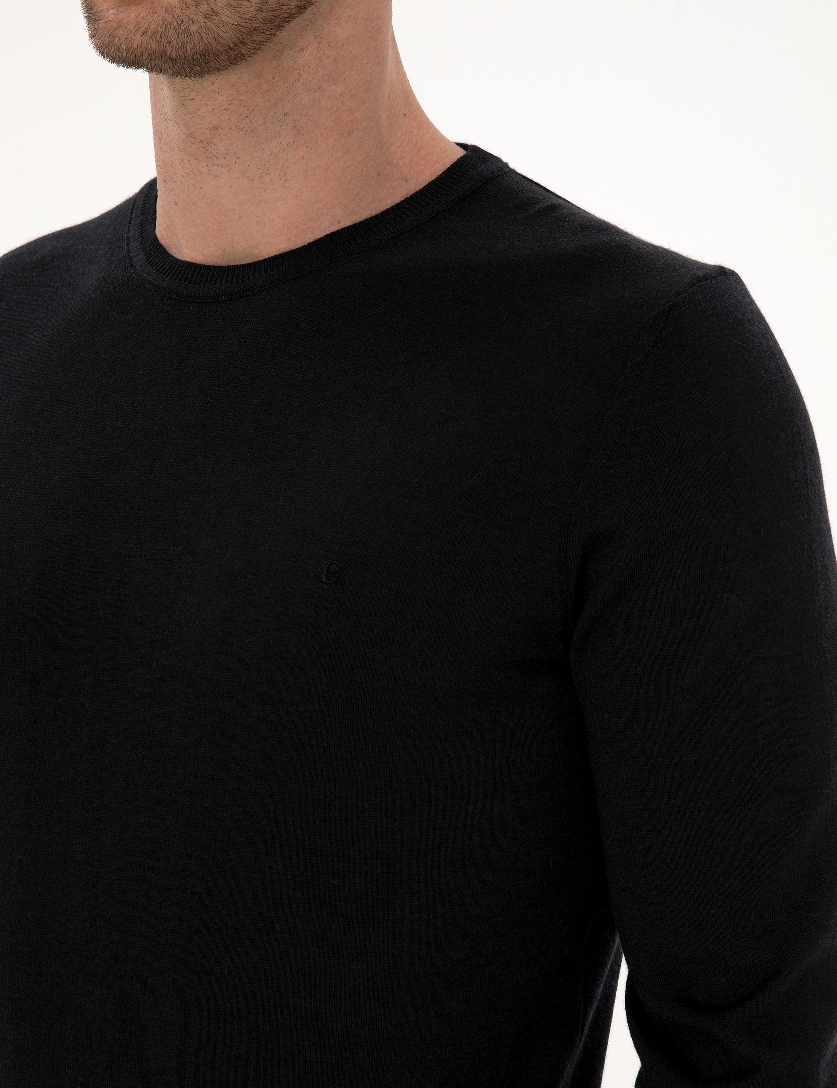 Siyah Slim Fit Kaşmir İpek Karışımlı Bisiklet Yaka Triko Kazak - 50316307009