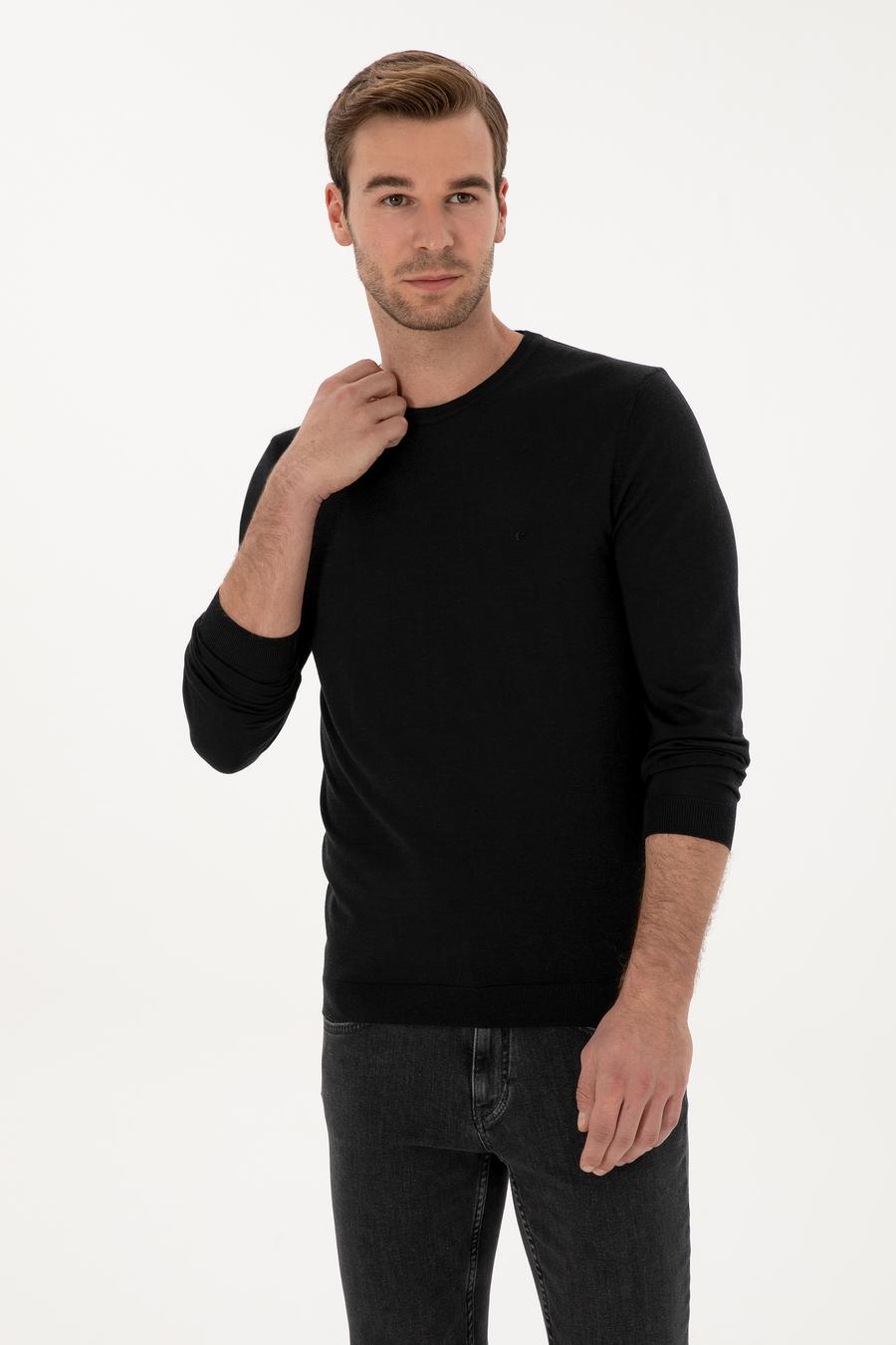 Siyah Slim Fit Kaşmir İpek Karışımlı Bisiklet Yaka Triko Kazak - 50316307009