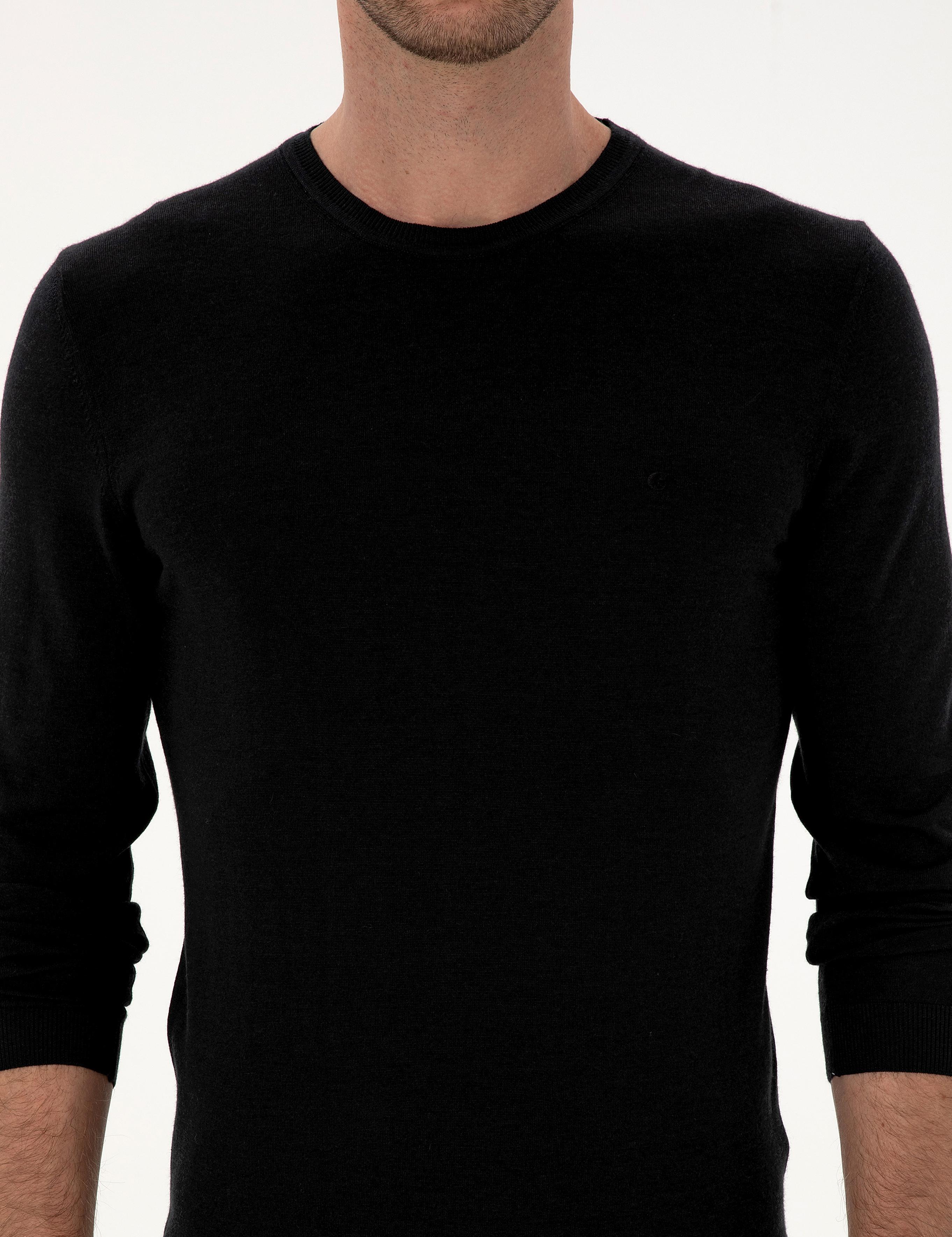 Siyah Slim Fit Kaşmir İpek Karışımlı Bisiklet Yaka Triko Kazak - 50316307009