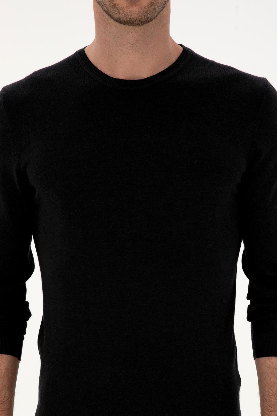 Siyah Slim Fit Kaşmir İpek Karışımlı Bisiklet Yaka Triko Kazak - 50316307009