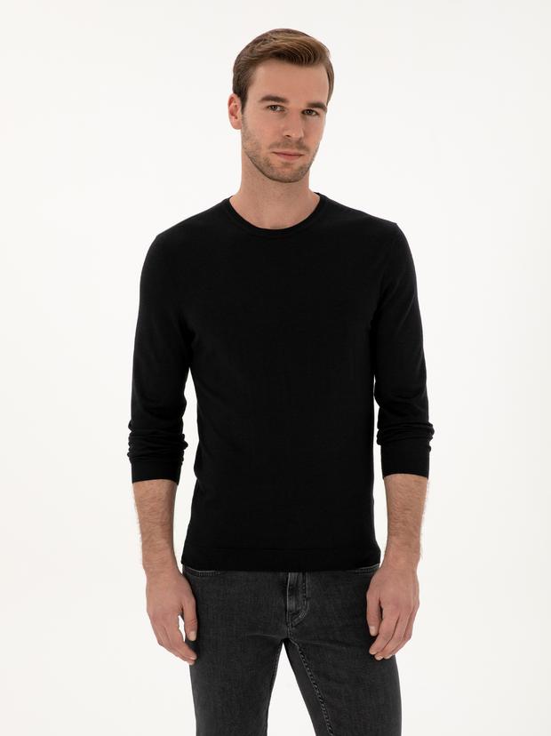 Siyah Slim Fit Kaşmir İpek Karışımlı Bisiklet Yaka Triko Kazak