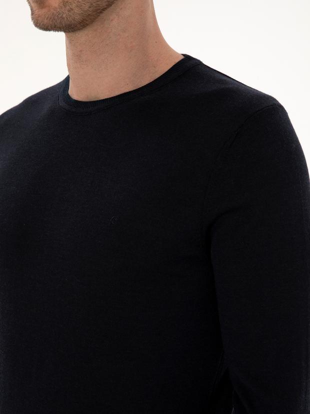 Lacivert Slim Fit Kaşmir İpek Karışımlı Bisiklet Yaka Triko Kazak