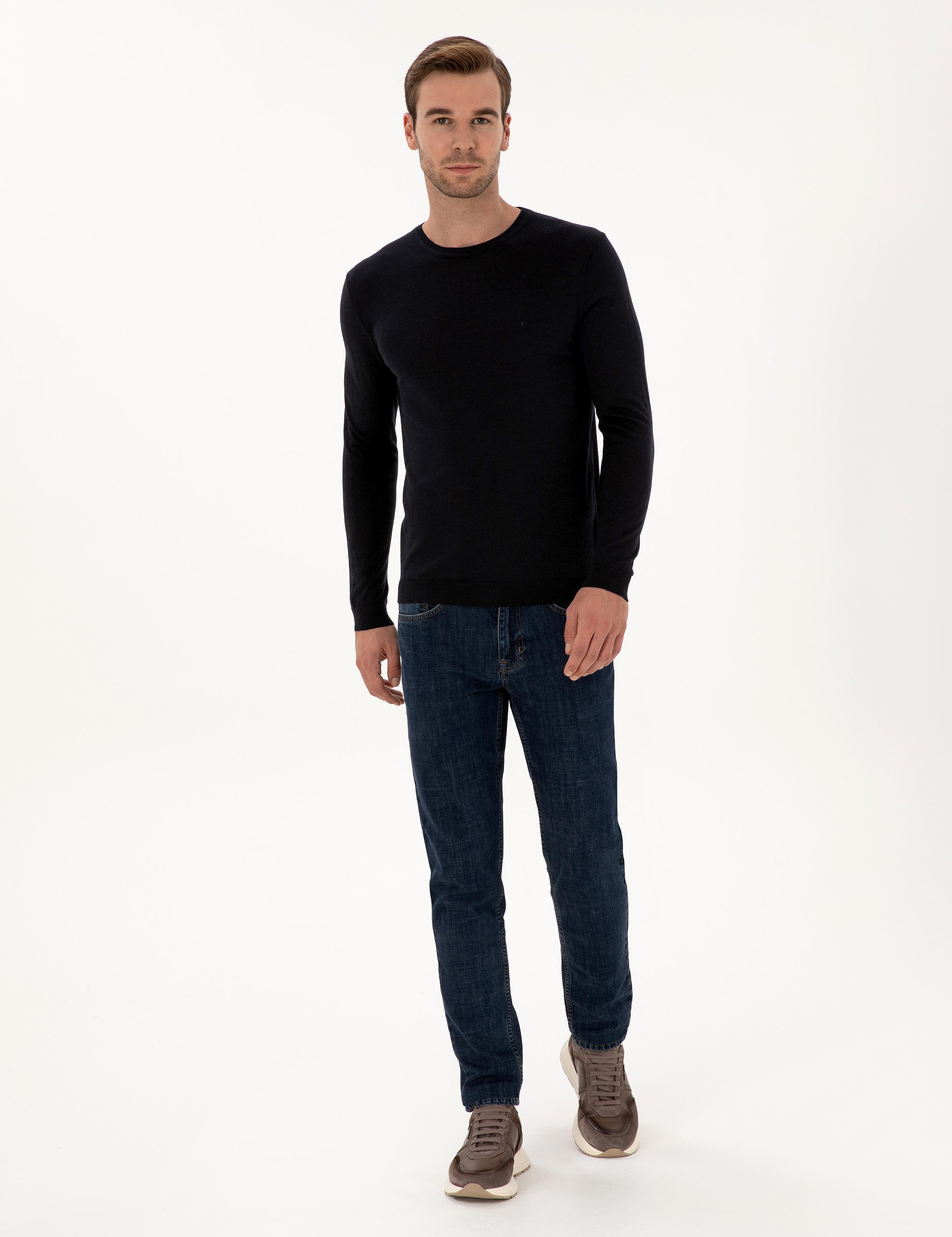 Lacivert Slim Fit Kaşmir İpek Karışımlı Bisiklet Yaka Triko Kazak - 50316307005