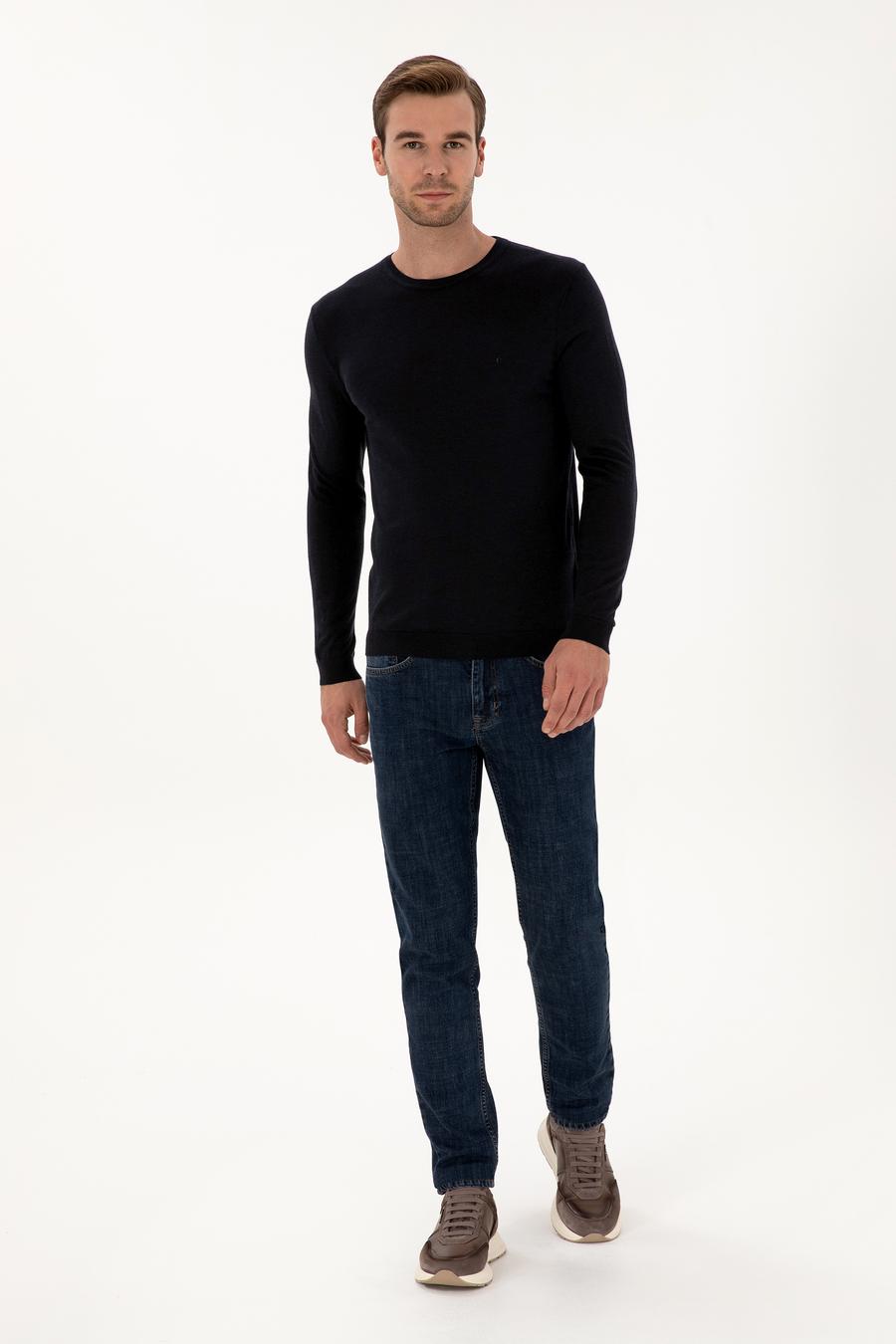 Lacivert Slim Fit Kaşmir İpek Karışımlı Bisiklet Yaka Triko Kazak - 50316307005