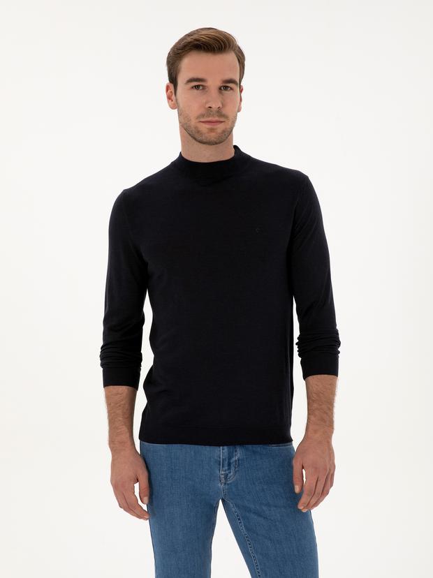 Lacivert Slim Fit Kaşmir İpek Karışımlı Çeyrek Balıkçı Yaka Triko Kazak