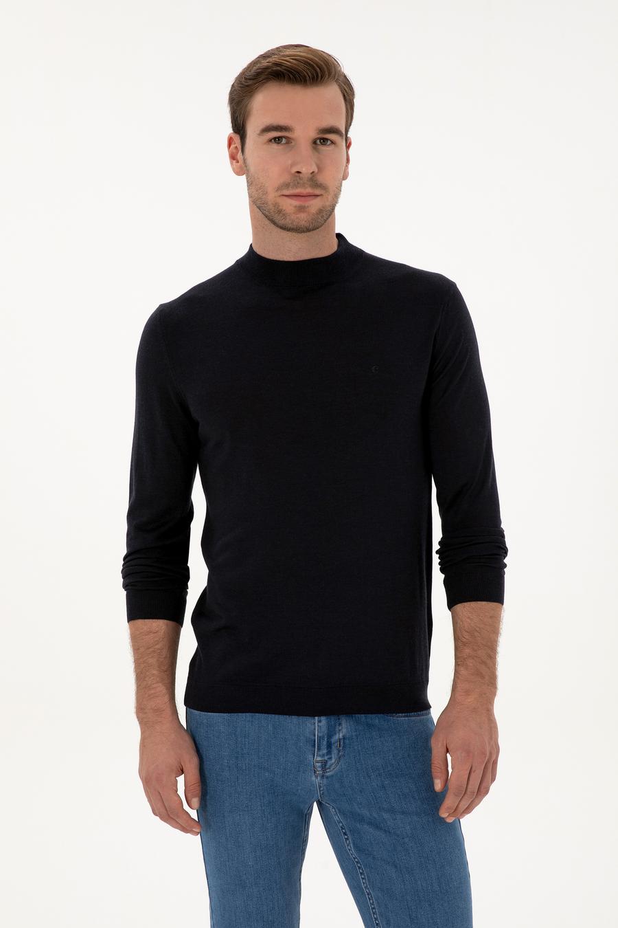Lacivert Slim Fit Kaşmir İpek Karışımlı Çeyrek Balıkçı Yaka Triko Kazak - 50316299006