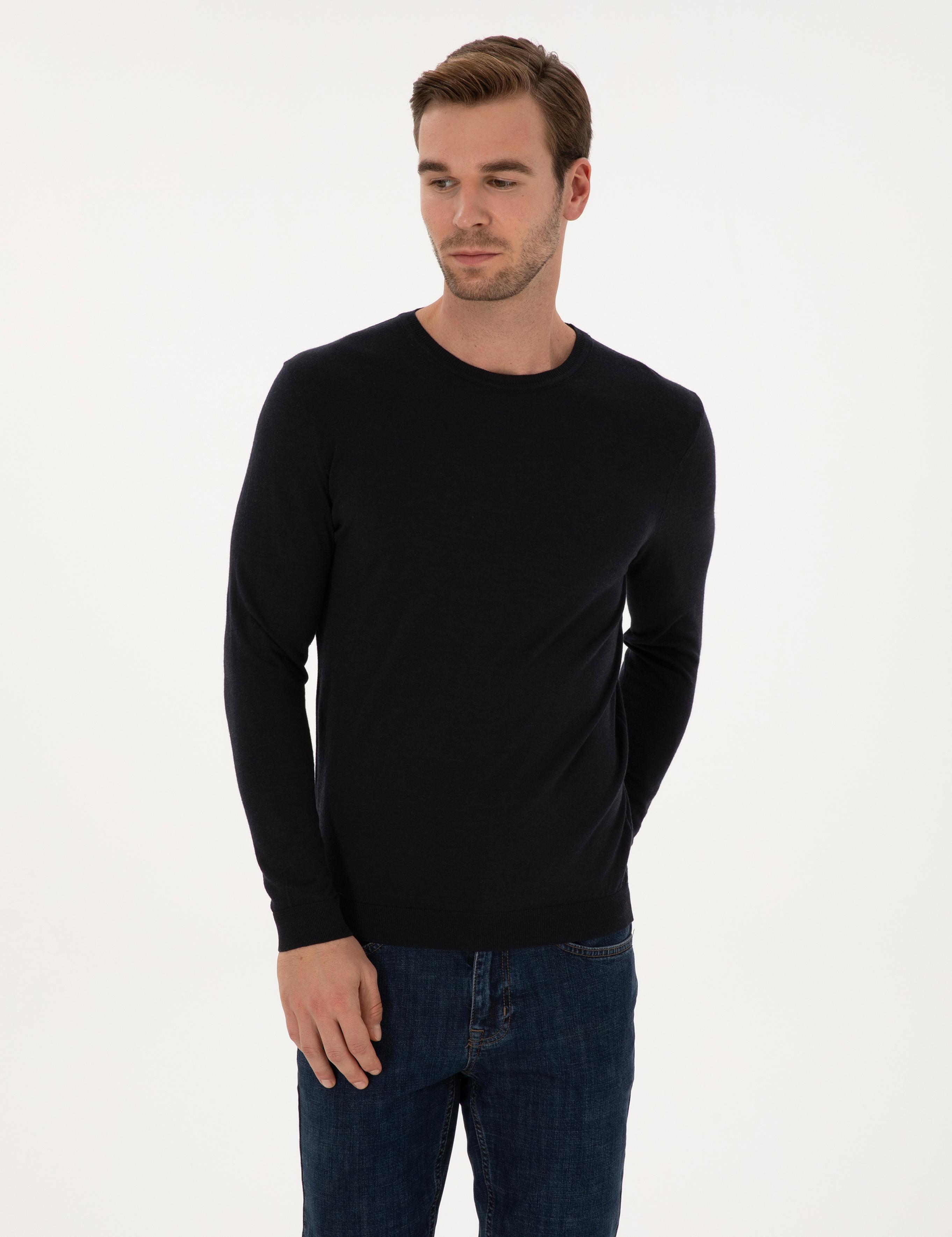Lacivert Slim Fit Kaşmir İpek Karışımlı Bisiklet Yaka Triko Kazak - 50316307005