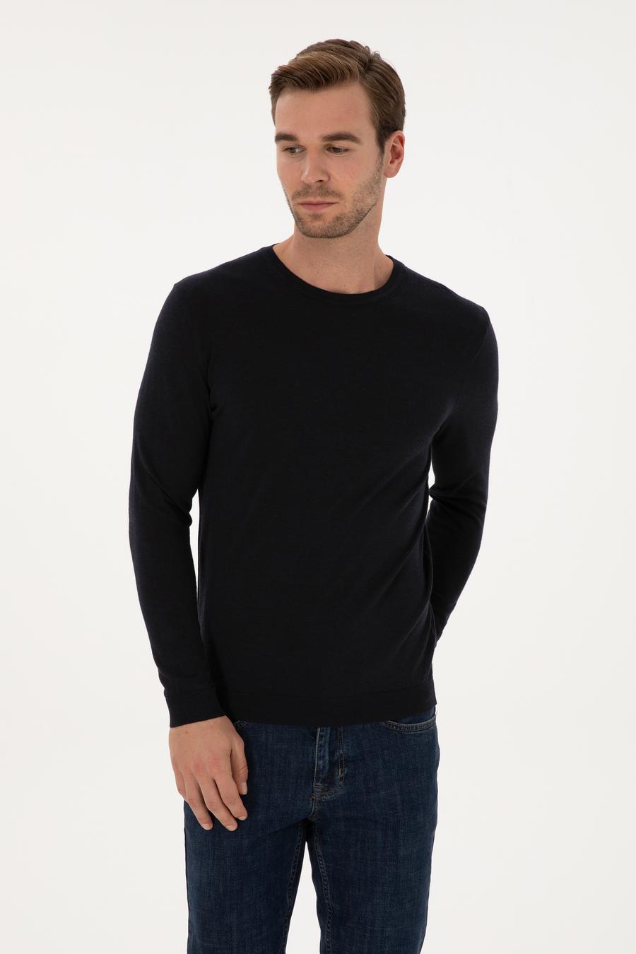 Lacivert Slim Fit Kaşmir İpek Karışımlı Bisiklet Yaka Triko Kazak - 50316307005