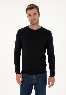 Lacivert Slim Fit Kaşmir İpek Karışımlı Bisiklet Yaka Triko Kazak